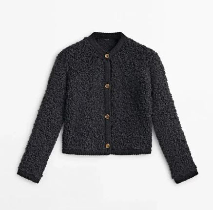 Women’s Bouclé Button Cardigan – Textured Crew-Neck Layer with Cropped Silhouette