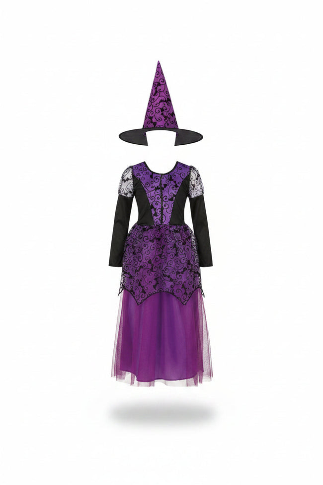 Children's Purple Bat Witch Dress and Hat Halloween Costume