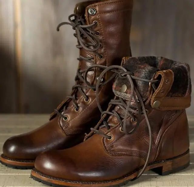 Women’s Lace-Up Mid-Calf Boots – Low Block-Heel Boots with Metal Eyelets and Lug Sole for Seasonal Wear