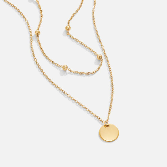 Women’s Layered Pendant Necklace – Gold-Plated Double Chain with Beaded Detail and Round Disc Charm for Everyday Wear