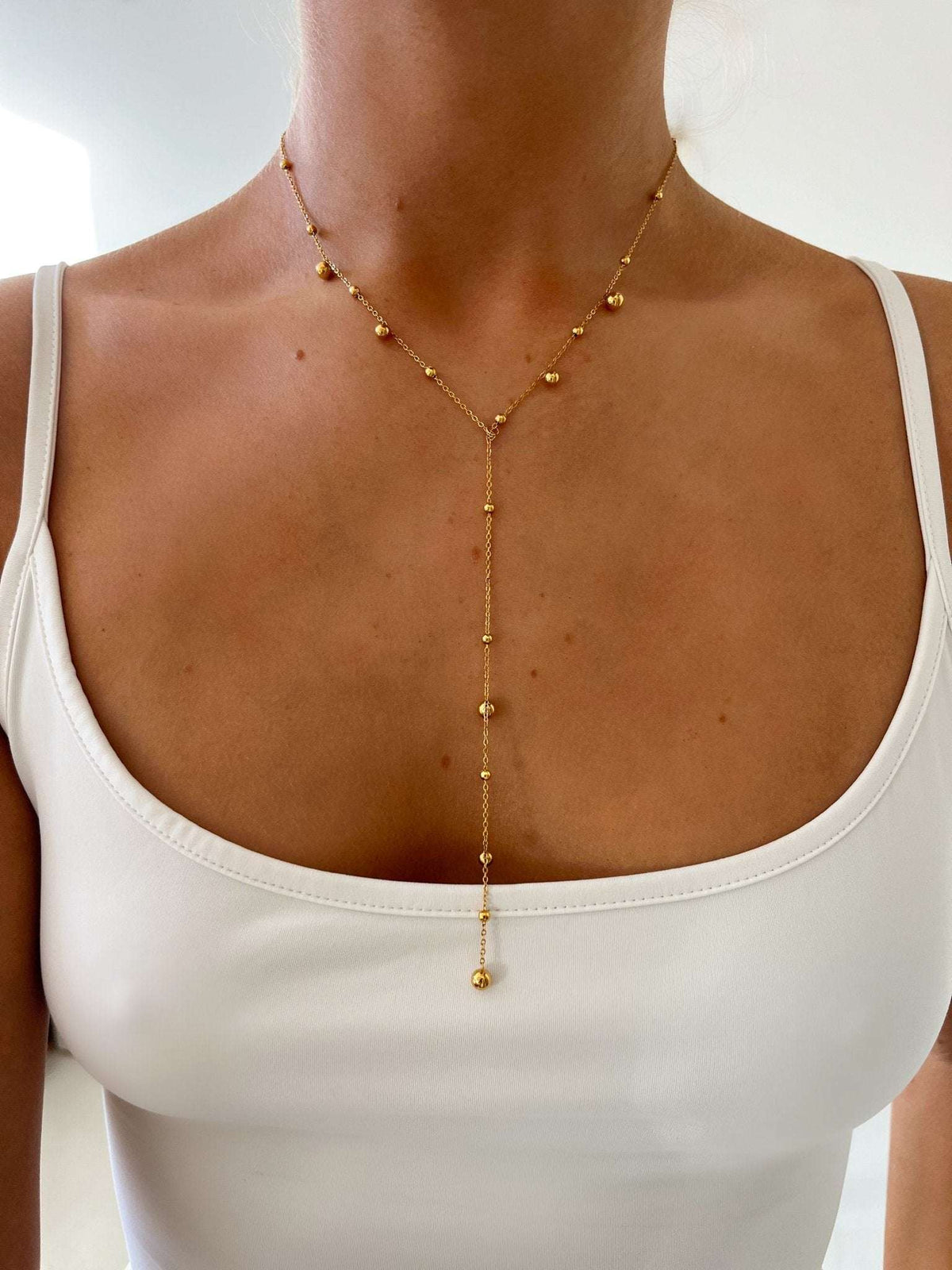 Women’s Gold-Tone Y Necklace – Stainless Steel Beaded Drop Chain for Layered Everyday and Evening Styling