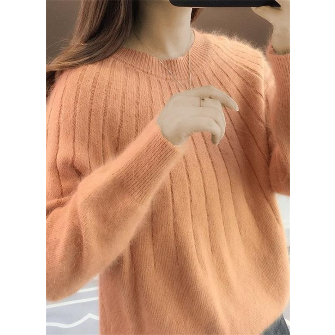 Women’s Soft Ribbed Knit Sweater – Relaxed Crew-Neck Style for Autumn and Winter Wear