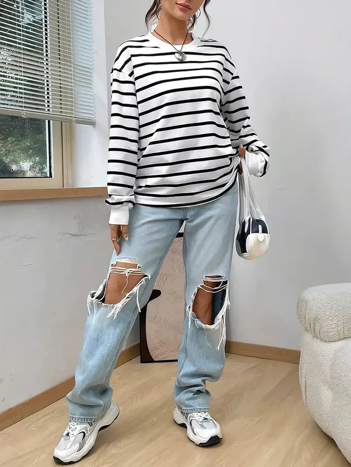 Women’s Striped Crew Neck Sweatshirt – Relaxed Long-Sleeve Layer for Casual Everyday Wear