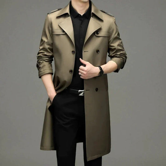 Men’s Double-Breasted Trench Coat – Longline Tailored Design with Structured Lapels and Shoulder Epaulettes