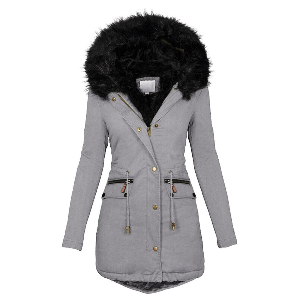 Women’s Faux-Fur Trimmed Winter Parka – Drawstring Waist Coat with Zipped Utility Pockets