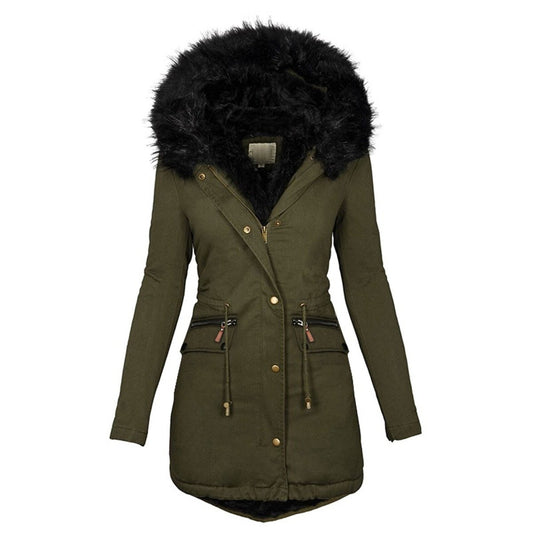 Women’s Faux-Fur Trimmed Winter Parka – Drawstring Waist Coat with Zipped Utility Pockets
