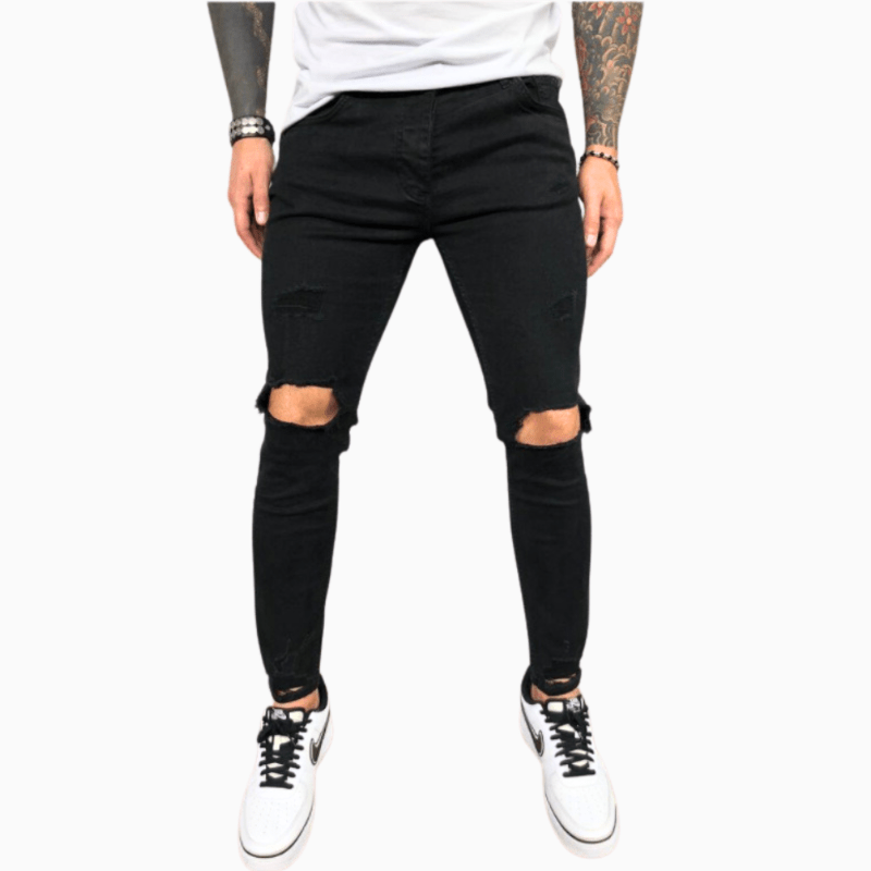 Men’s Ripped Skinny Jeans – Close-Fit Stretch Denim with Distressed Knees and Raw-Edge Details