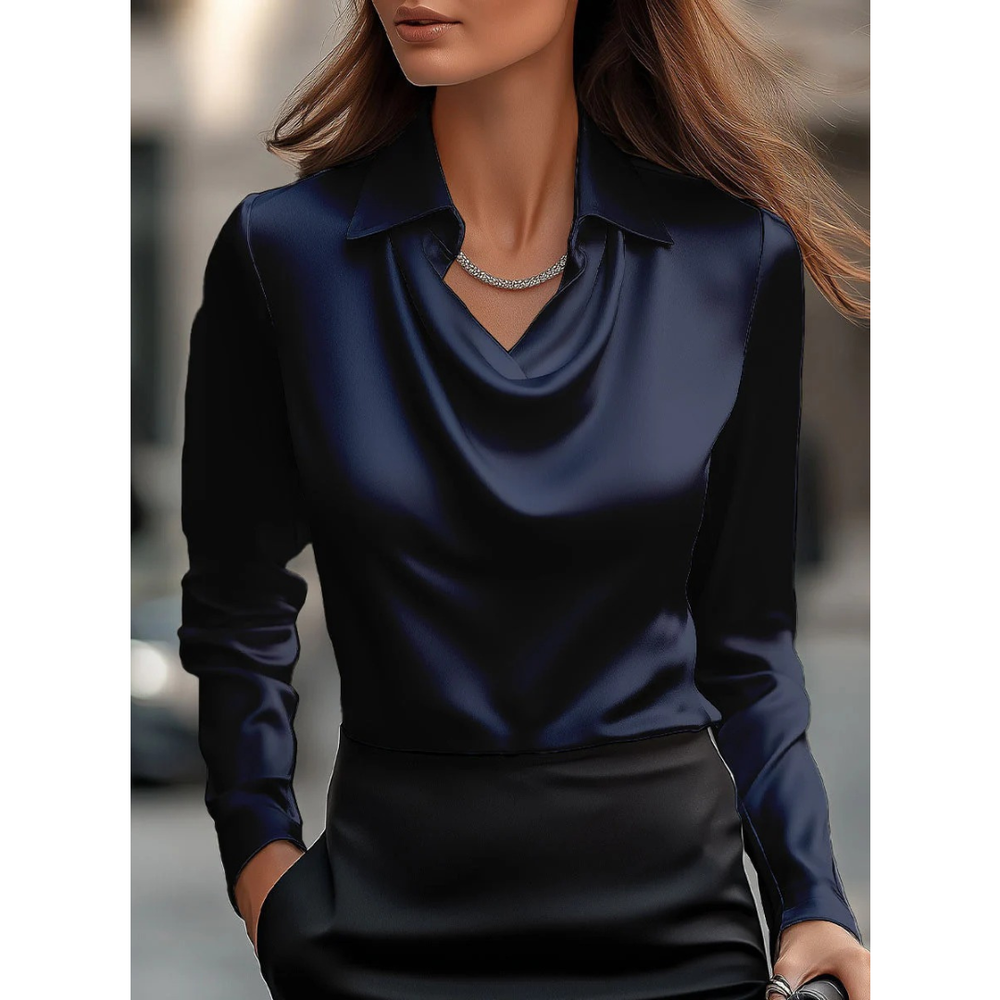 Women’s Satin Cowl Neck Blouse – Elegant Long-Sleeve Top for Office and Evening Wear