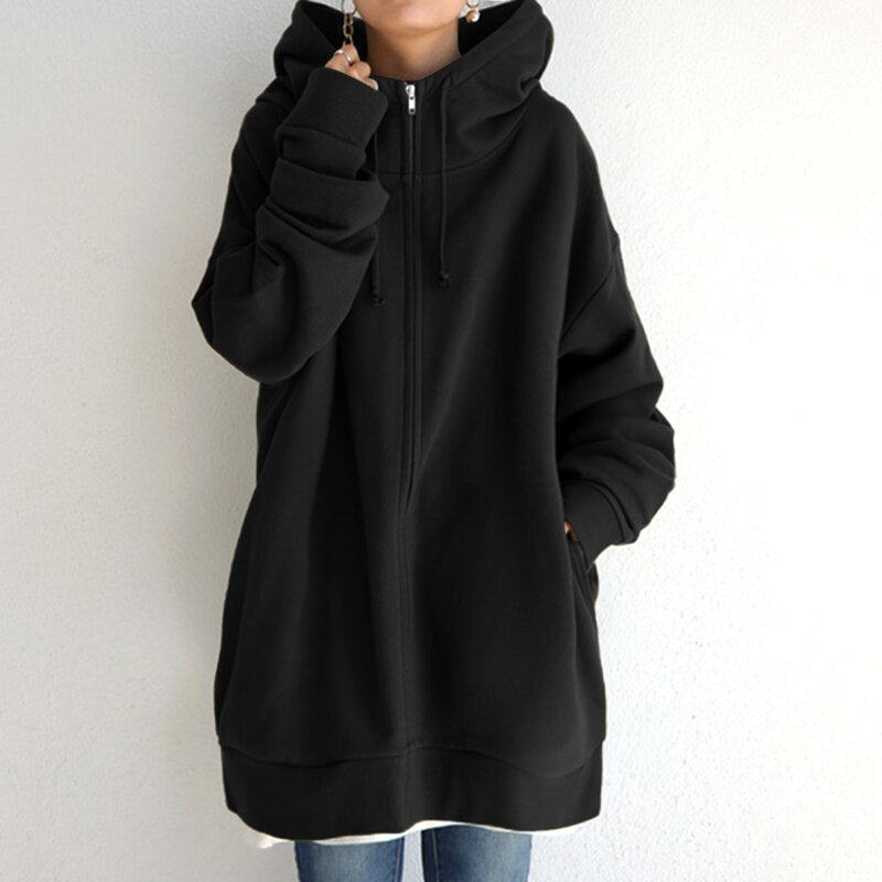 Women’s Oversized Zip-Up Hoodie – Longline Relaxed Sweatshirt Layer with Drawstring Hood for Everyday Comfort