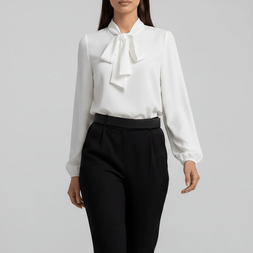 Women’s Bow Neck Blouse – Relaxed Long-Sleeve Style for Office and Smart Casual Wear