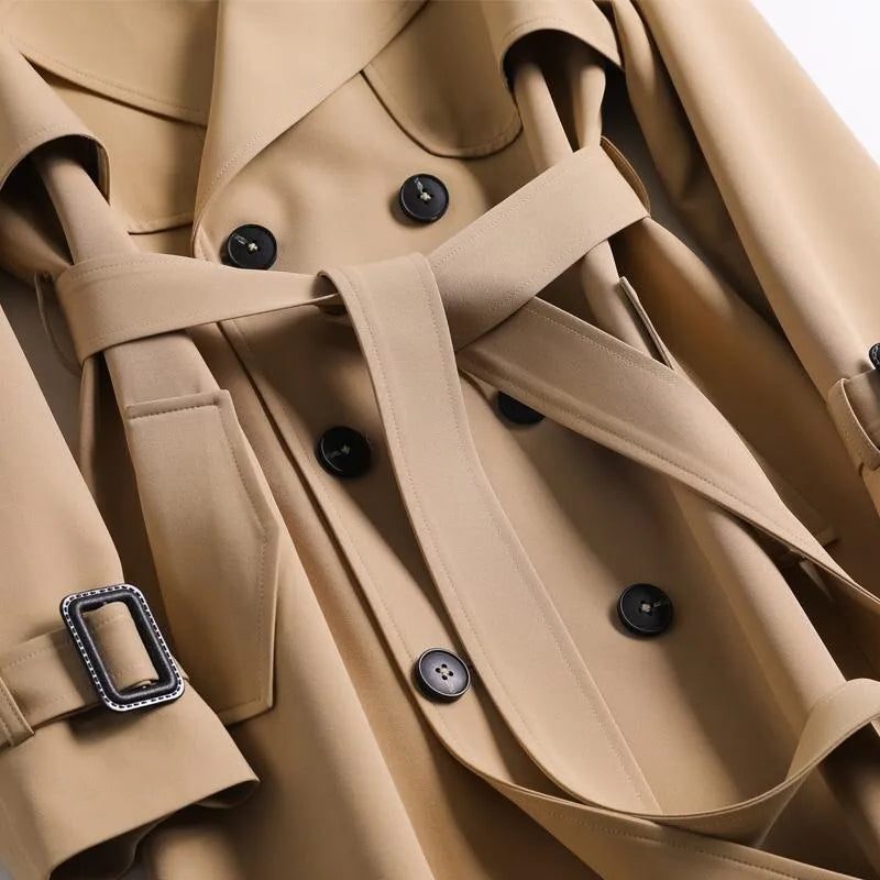 Women’s Oversized Double-Breasted Trench Coat – Belted Relaxed-Fit Coat with Wide Lapels and Tie Cuffs