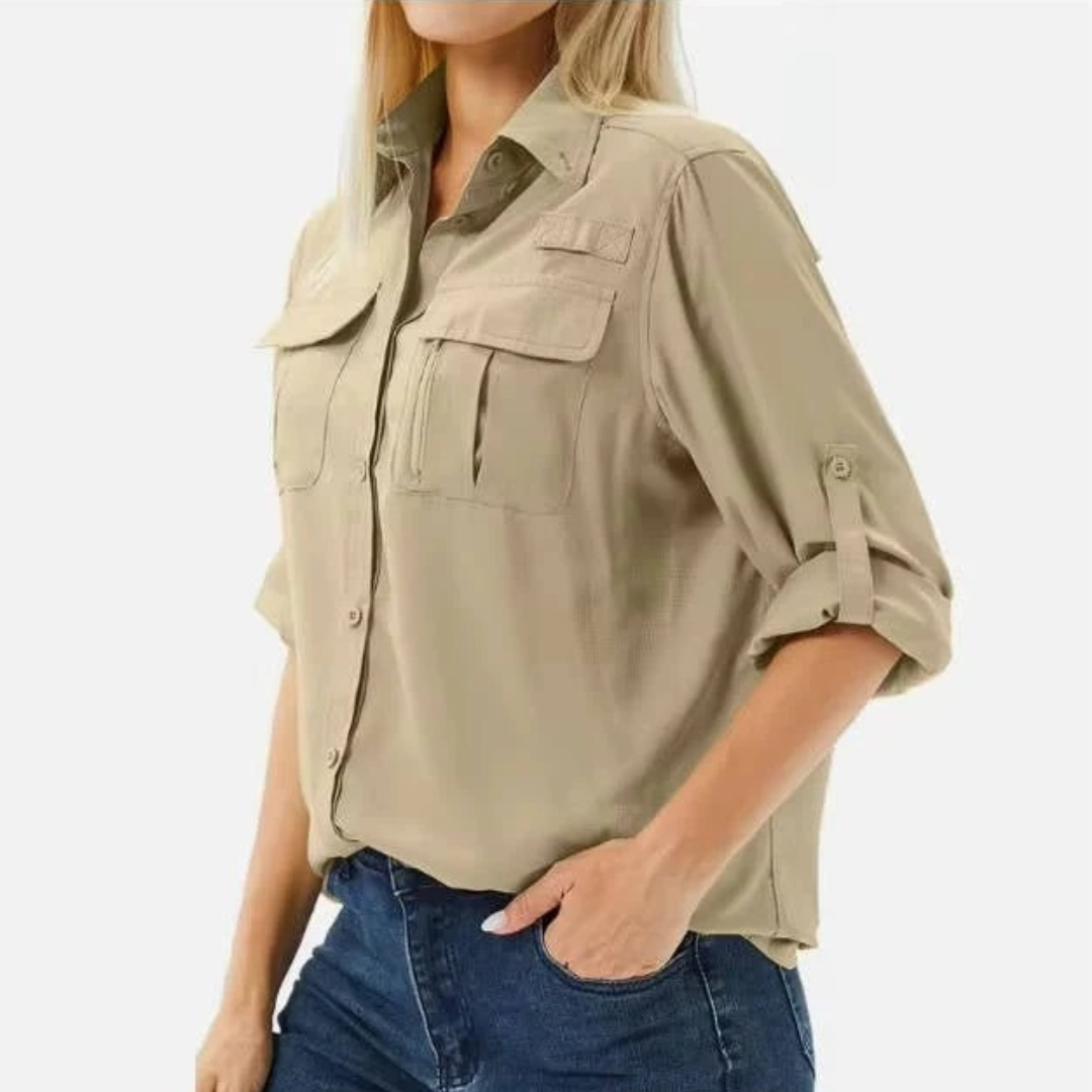 Women’s Utility Shirt Blouse – Relaxed Roll-Sleeve Top for Travel and Everyday Wear