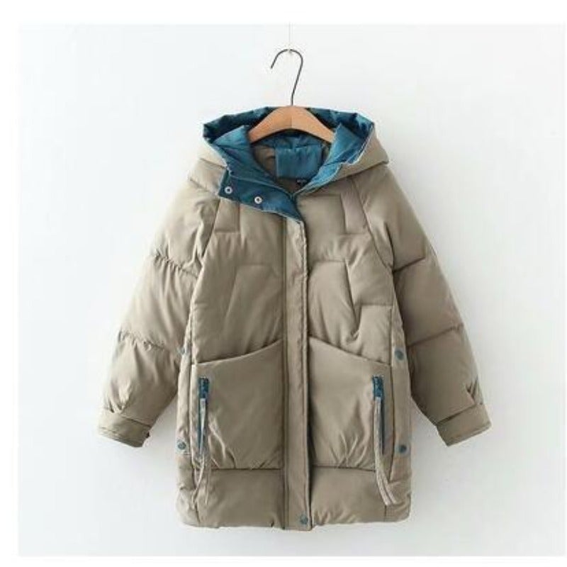 Women’s Mid-Length Hooded Puffer Jacket – Relaxed Insulated Coat with Contrast-Lined Hood and Oversized Zip Pockets