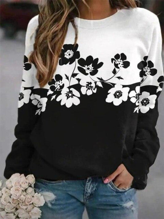 Women’s Floral Colour-Block Sweatshirt – Fitted Crew-Neck Pullover for Casual Everyday Styling