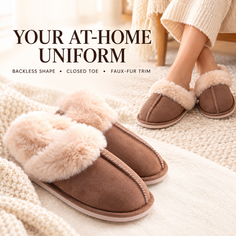 Brown backless slippers: closed toe, faux-fur trim