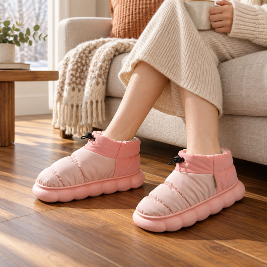 Pink lifestyle view of Women's Quilted Faux-Fur-Trim Slipper Boots