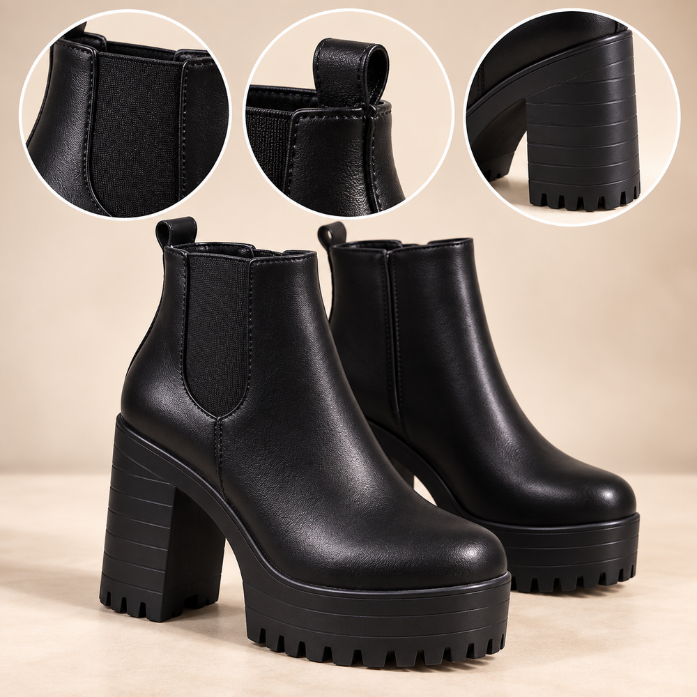 Women's high block-heel platform ankle boot feature details