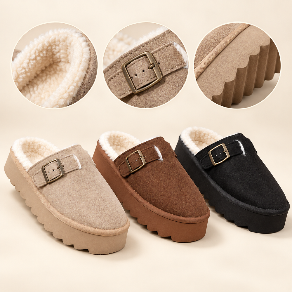 Women's buckle platform clog mules in black chocolate and taupe with details