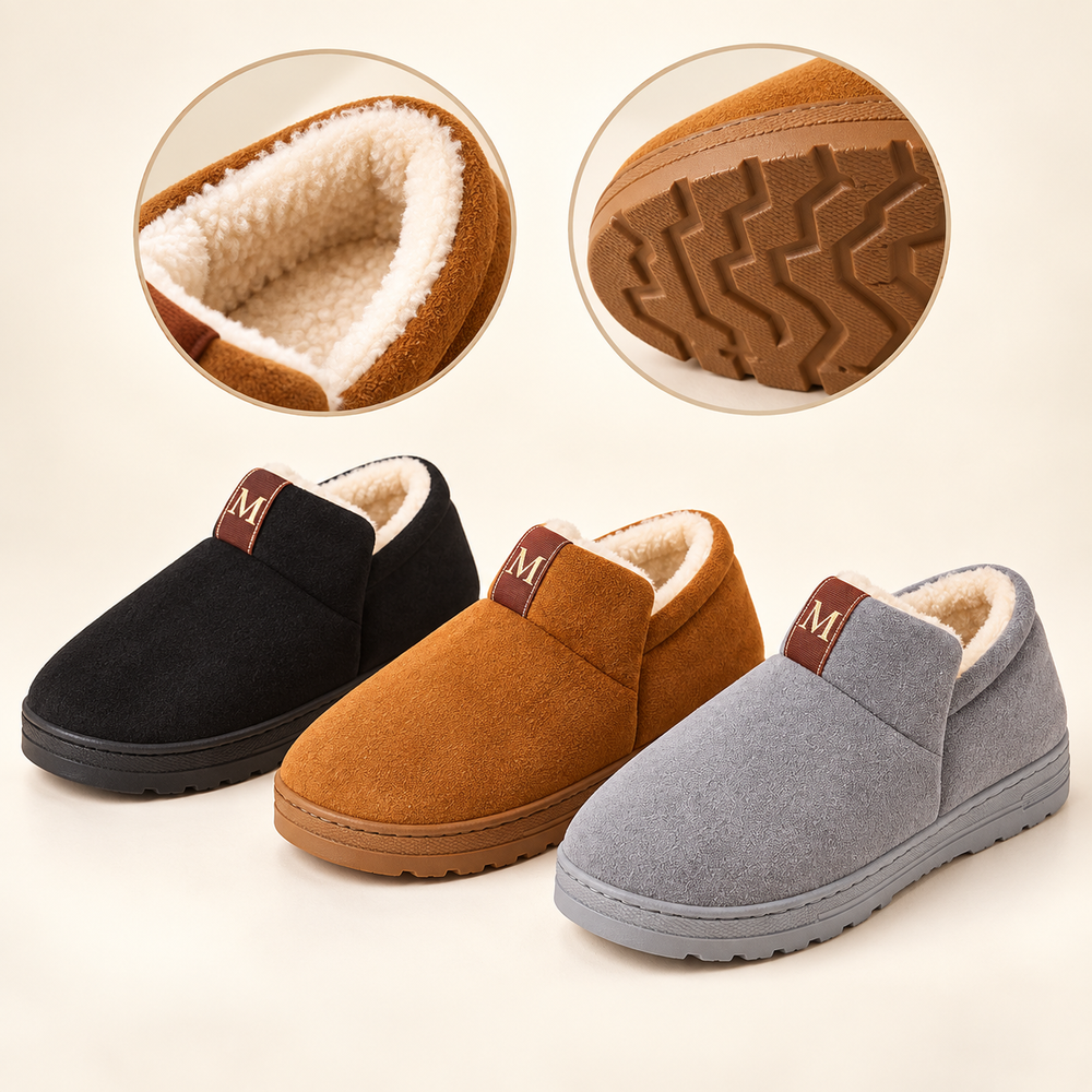 Women's fleece-lined house shoes in black chocolate and grey with details
