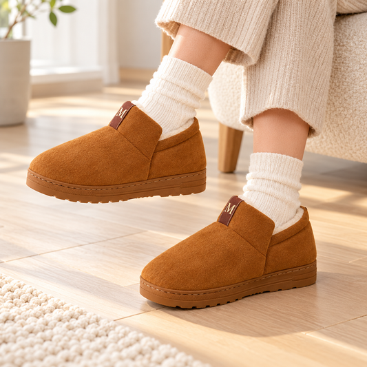 Women's chocolate fleece-lined house shoes worn at home