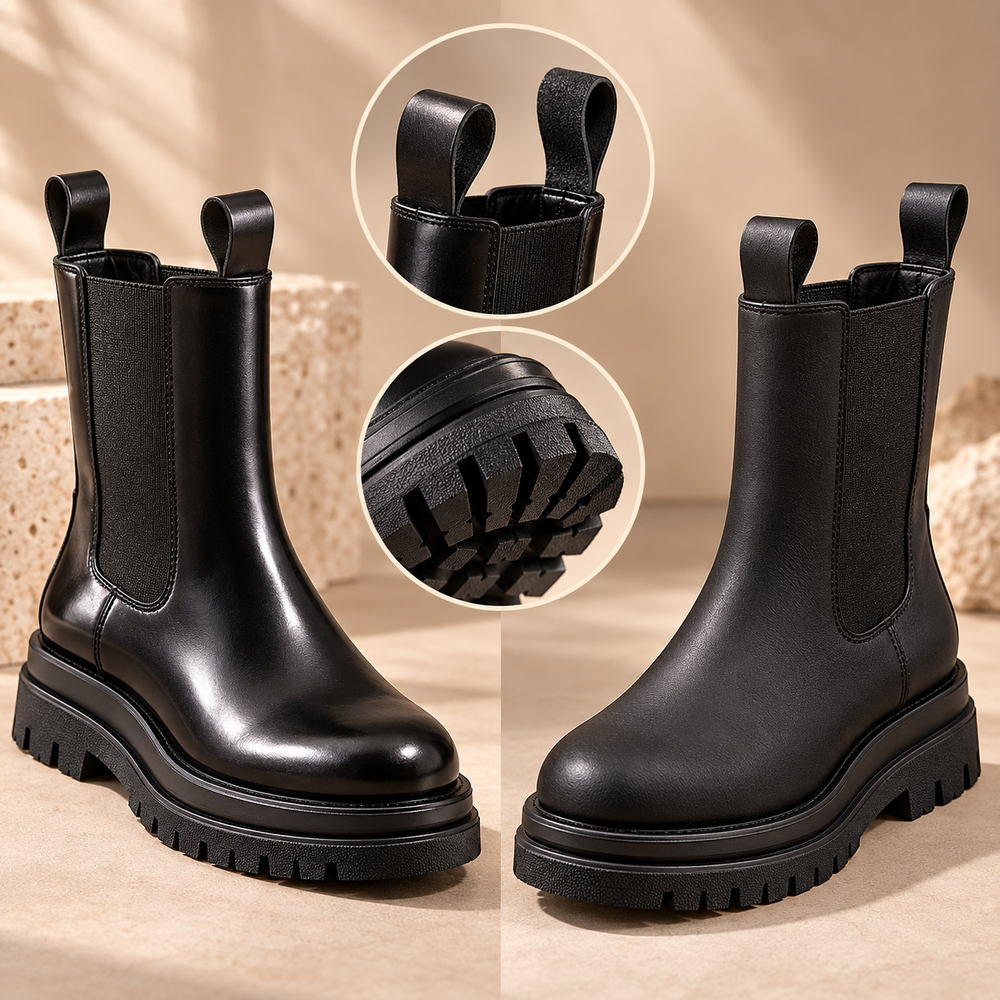 Women's mid-calf Chelsea boots finish and lug sole details
