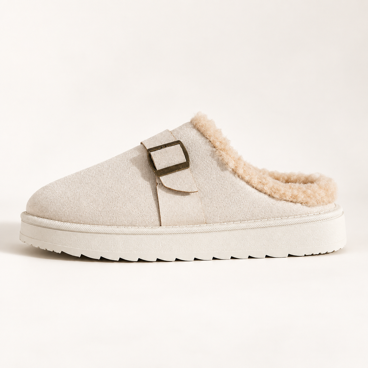 Women's suede-look buckle clog slippers in white, clear studio view