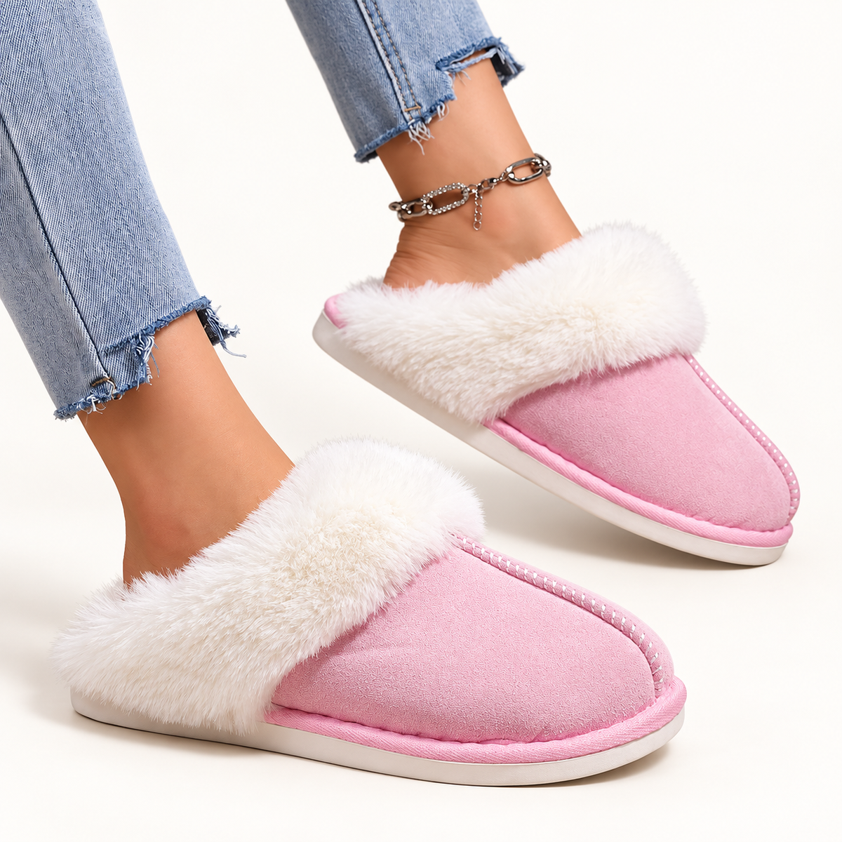 Women's faux-fur-trim backless slippers in Pink, clear product view