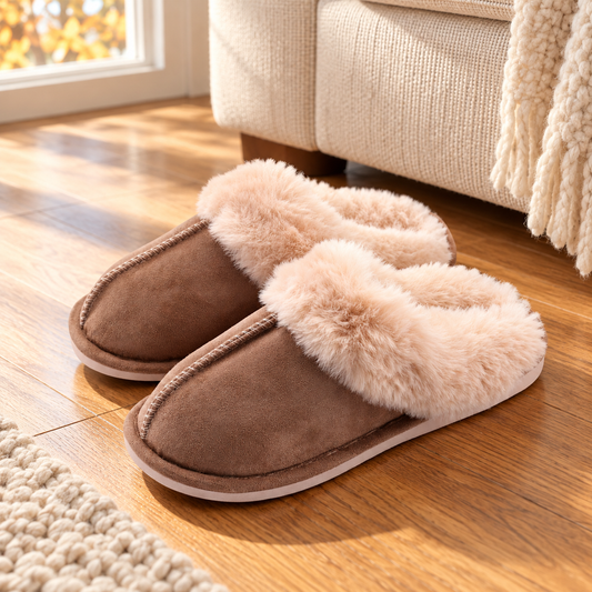 Taupe faux-fur-trim backless slippers beside a cream sofa on an oak floor