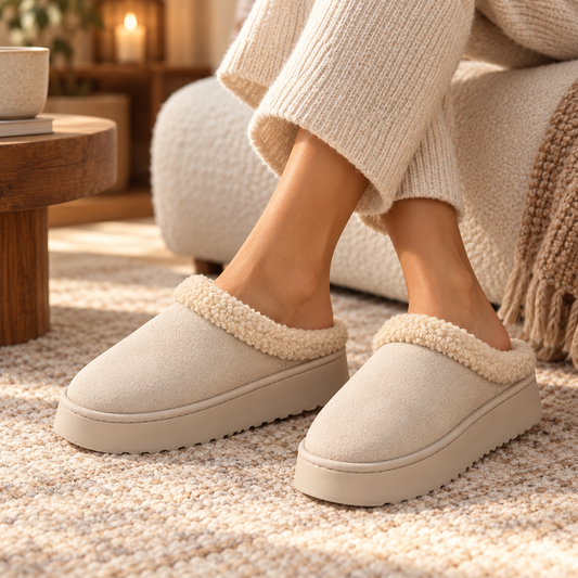 Cream plush cuff slippers worn in a warm living room