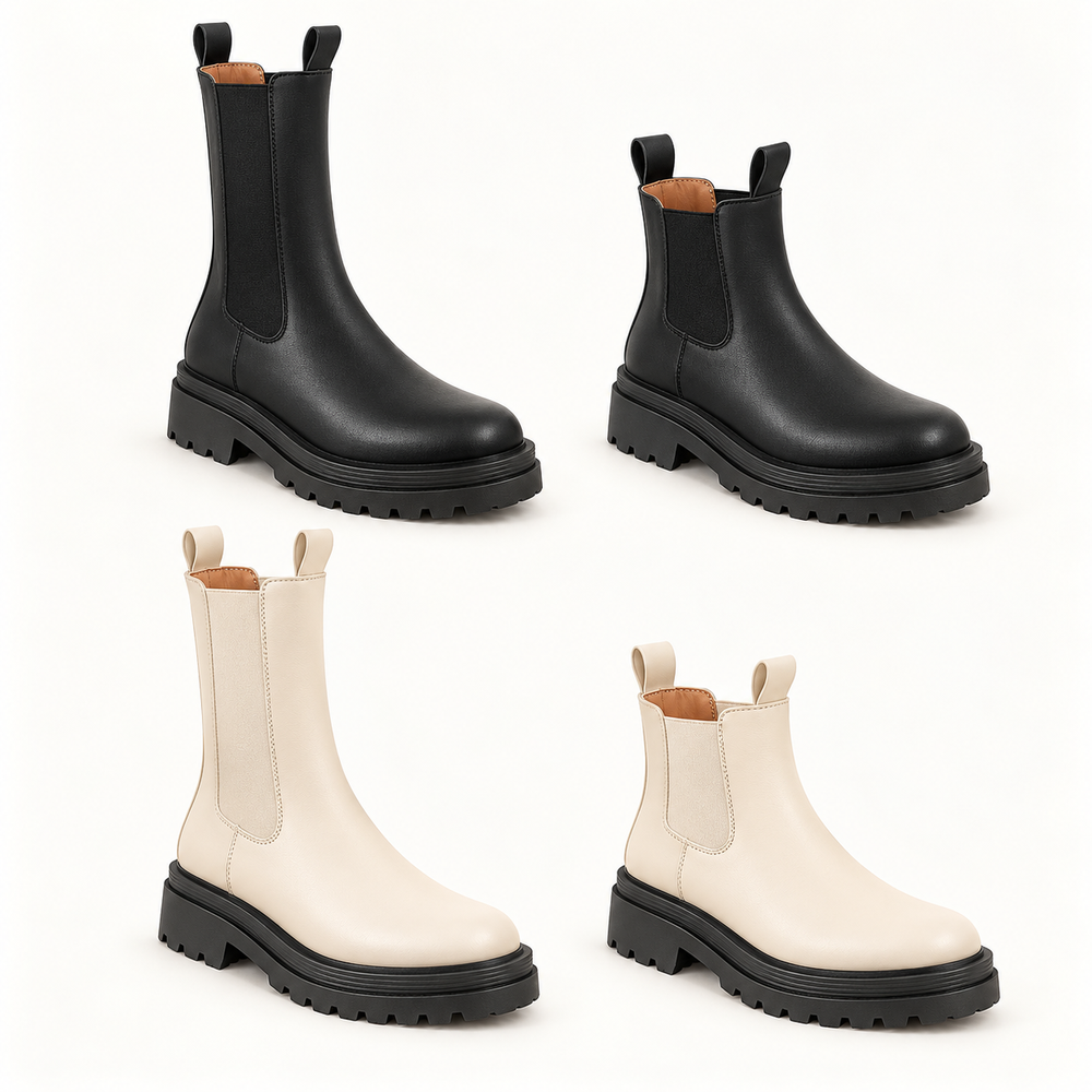 Lug sole Chelsea boots in black and cream with ankle and tall shaft heights