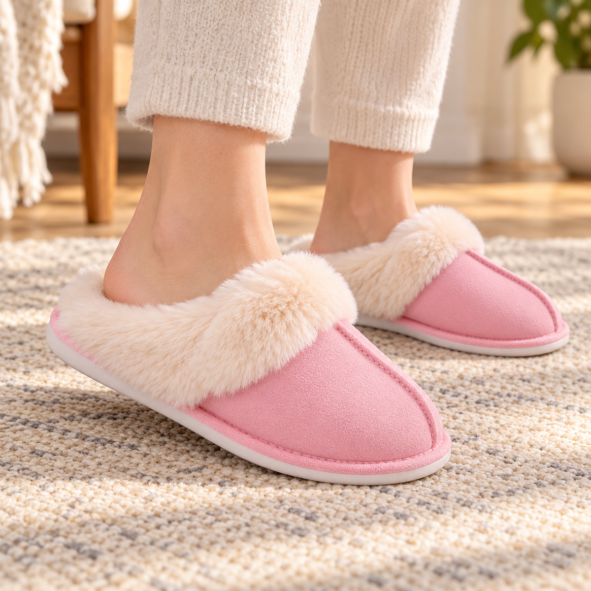 Pink faux-fur-trim slippers worn on feet