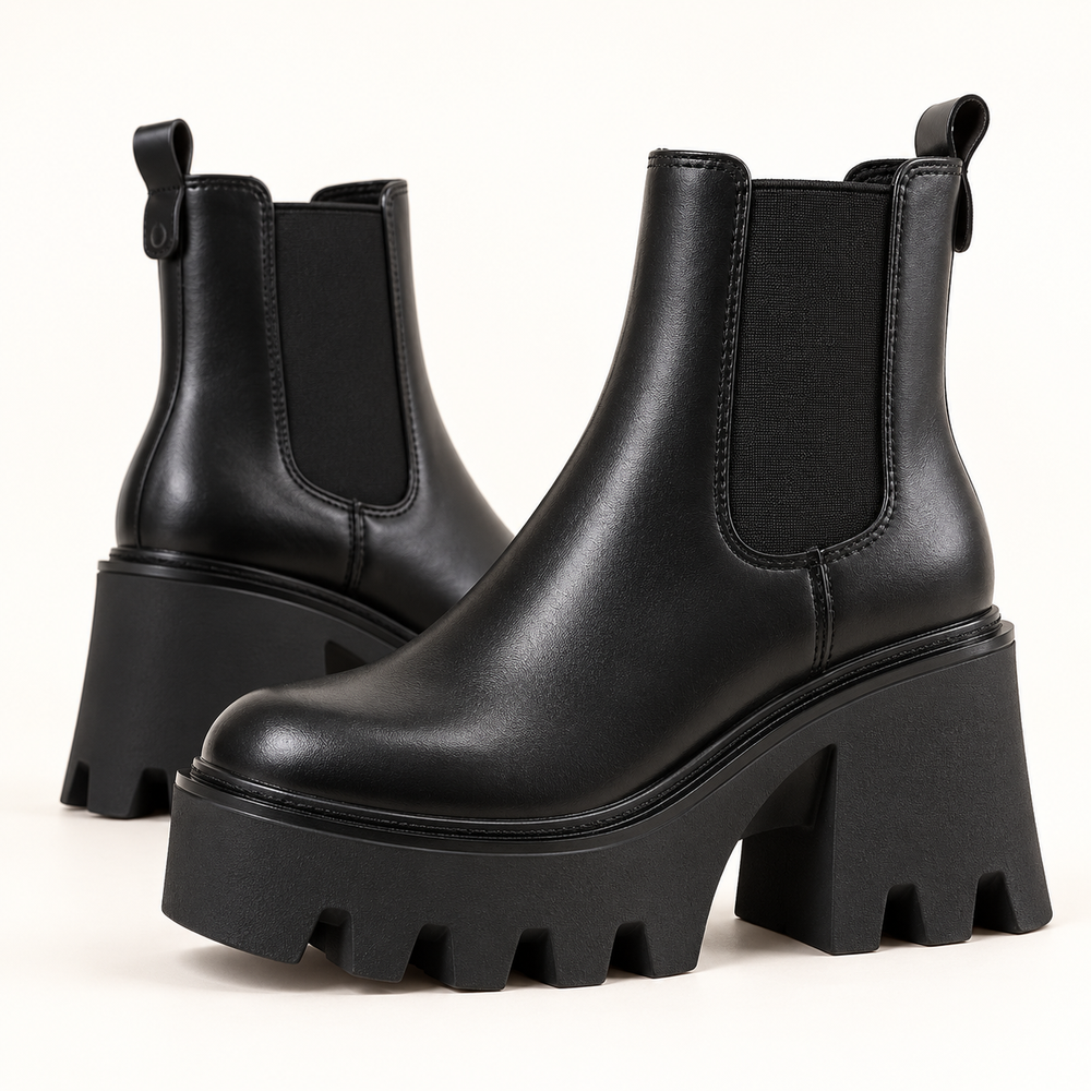 Close view of black platform heel Chelsea boot sole and elastic side