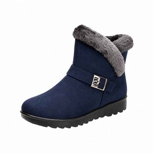 Women's faux-fur-trim side-zip winter boot in Blue, clear studio product view