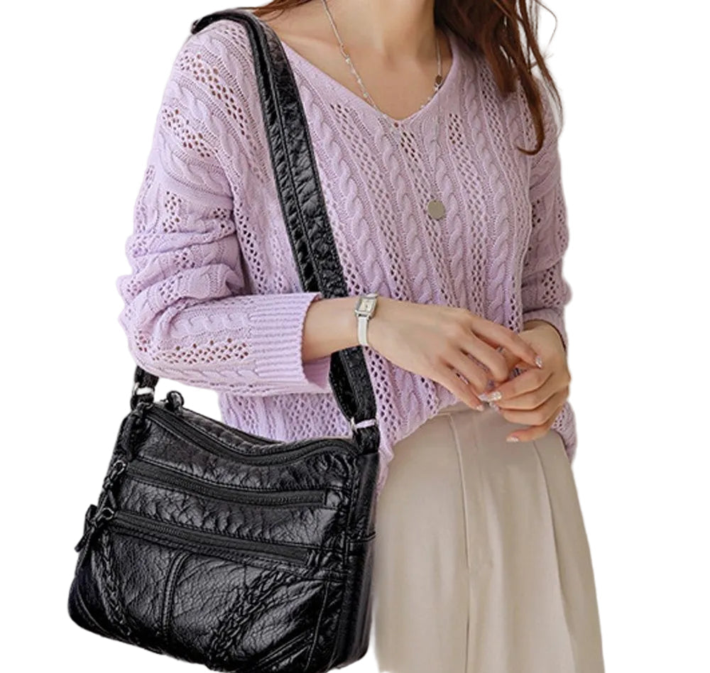 Women’s Soft Leather Shoulder Bag – Multi-Zip Everyday Handbag for Organised Carry