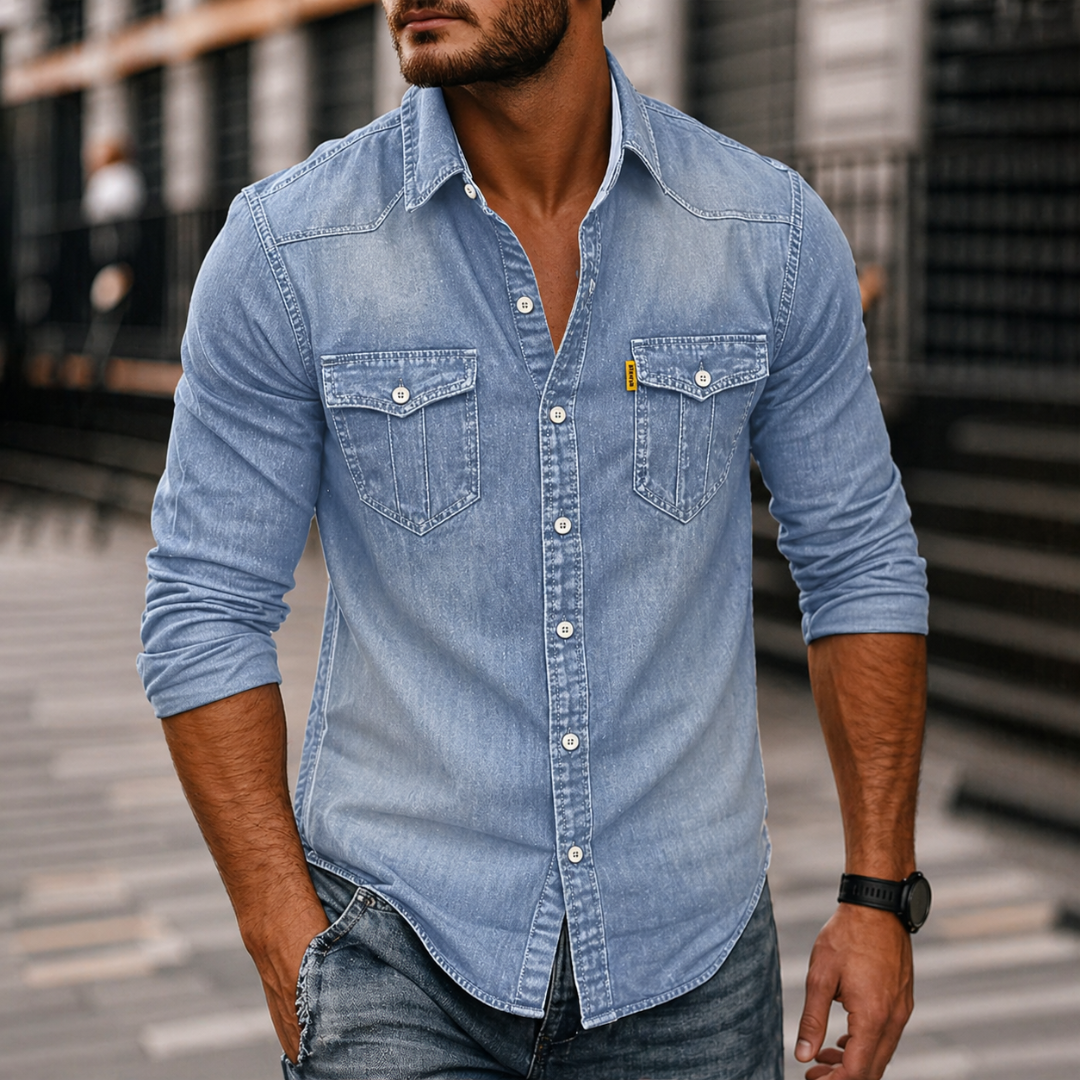 Men’s Denim Long-Sleeve Shirt – Casual Button-Up with Chest Pockets for Everyday Wear