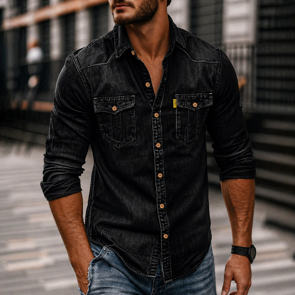 Men’s Denim Long-Sleeve Shirt – Casual Button-Up with Chest Pockets for Everyday Wear