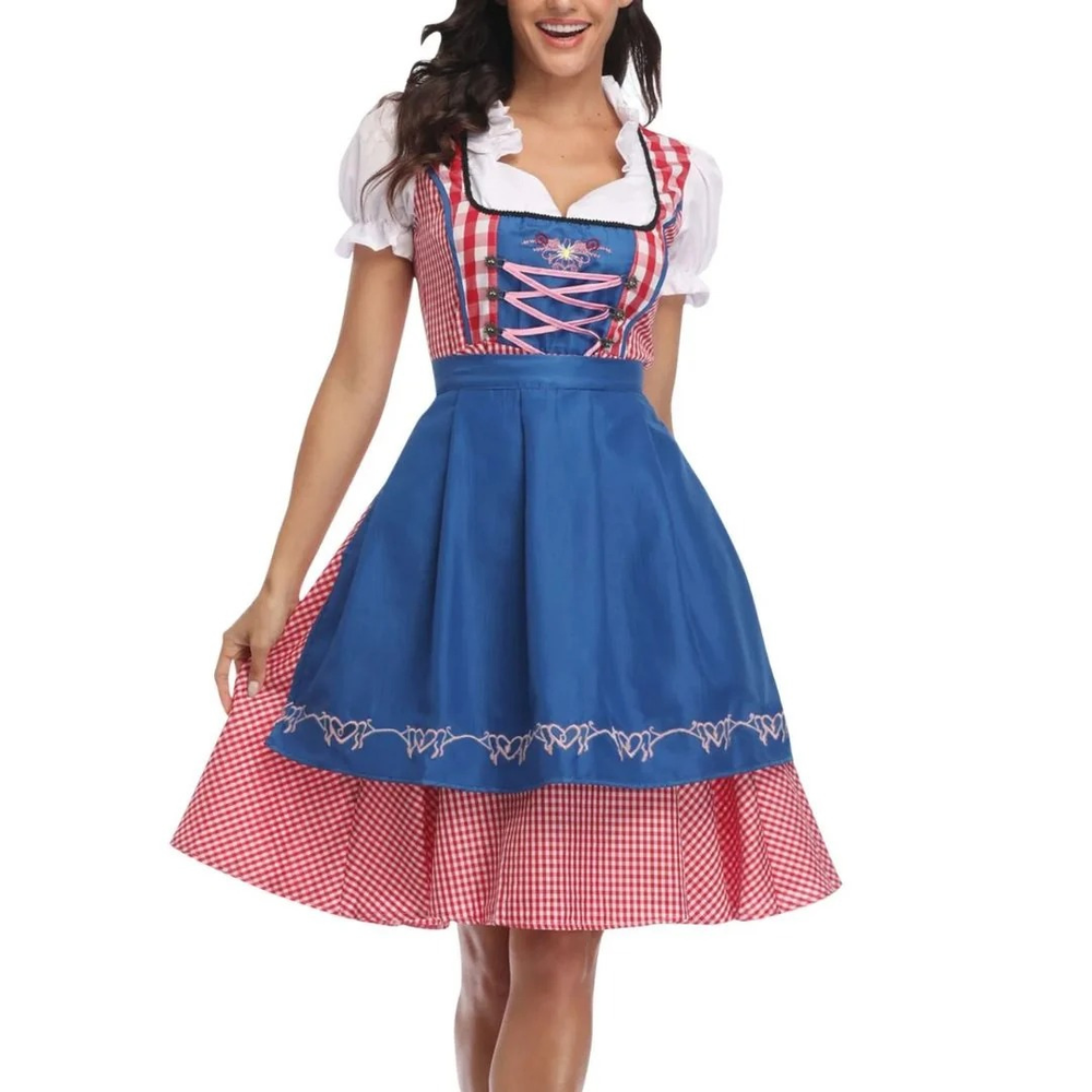 Women’s Check Dirndl Dress – Lace-Up Oktoberfest Midi with Apron