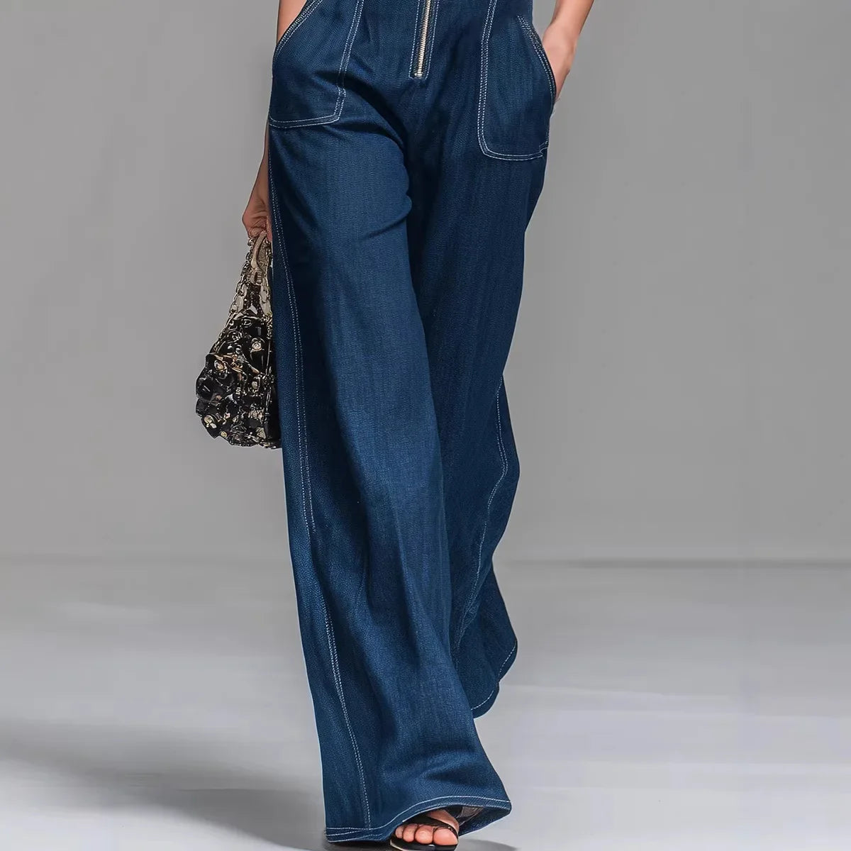 Women’s Sleeveless Denim Jumpsuit – Zip-Front Wide-Leg One-Piece for Everyday Wear