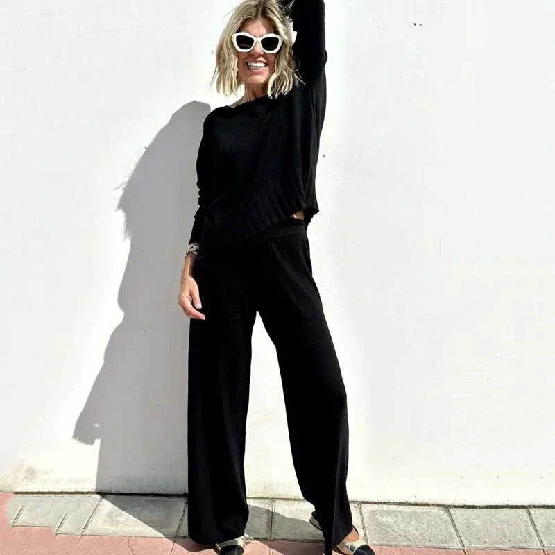 Women’s Relaxed Wide-Leg Co-Ord Set – Cropped Long-Sleeve Top with Elastic Waist for Casual Everyday Wear