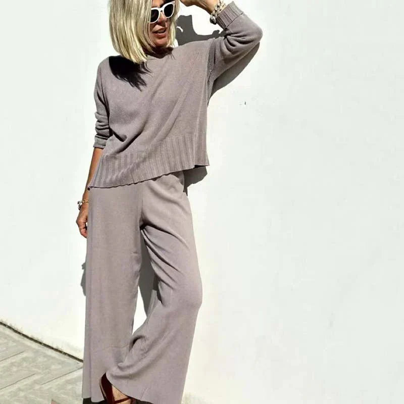 Women’s Relaxed Wide-Leg Co-Ord Set – Cropped Long-Sleeve Top with Elastic Waist for Casual Everyday Wear