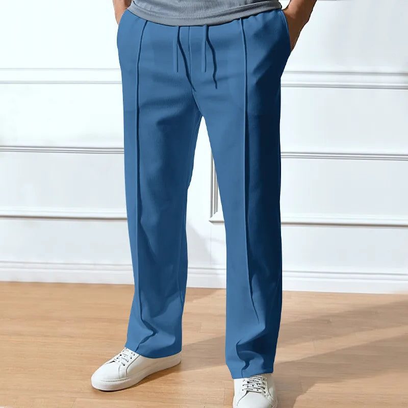 Men’s Straight-Leg Trousers – Drawstring Waist Tailored Pants with Side Pockets for Smart Casual Everyday Wear