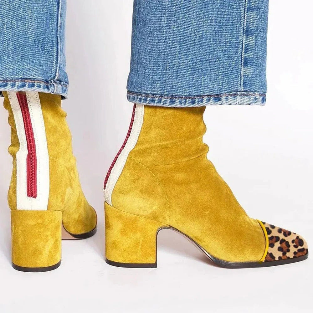 Women’s Suede Block-Heel Ankle Boots – Leopard-Toe Boots with Contrast Zip for Statement Seasonal Wear
