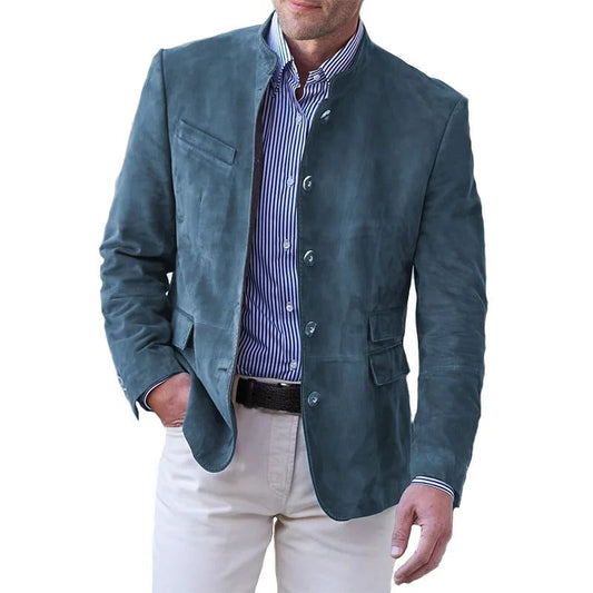 Men’s Suede Stand-Collar Blazer – Button-Front Tailored Jacket with Utility Pockets for Smart Casual Wear