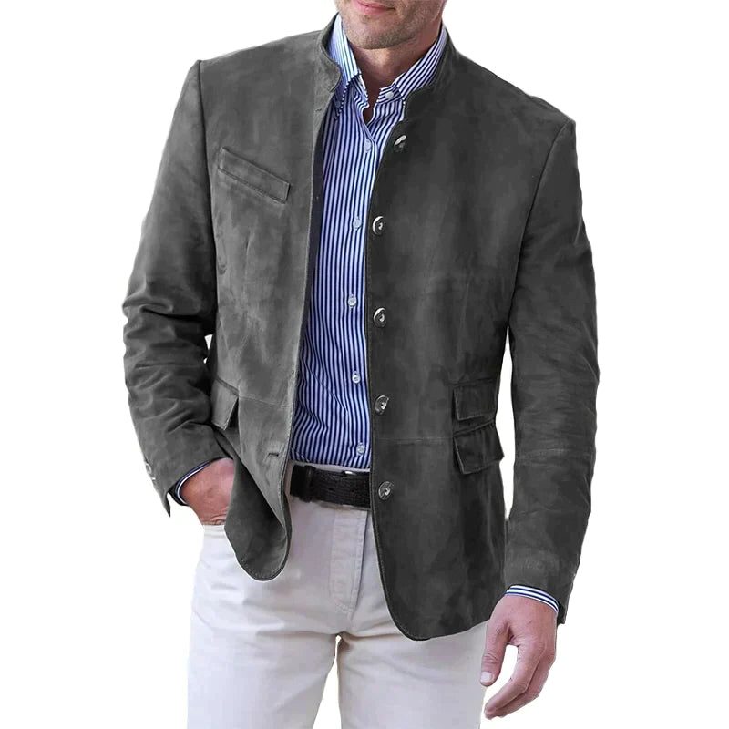 Men’s Suede Stand-Collar Blazer – Button-Front Tailored Jacket with Utility Pockets for Smart Casual Wear