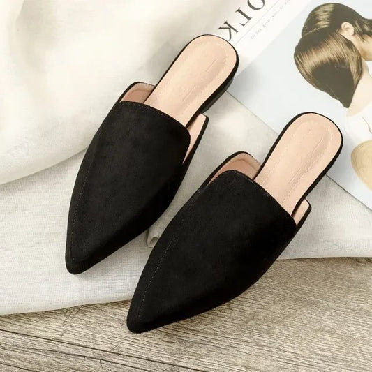 Women’s Suede Pointed-Toe Mules – Backless Slip-On Flats with Soft Lining for Smart Casual Wear