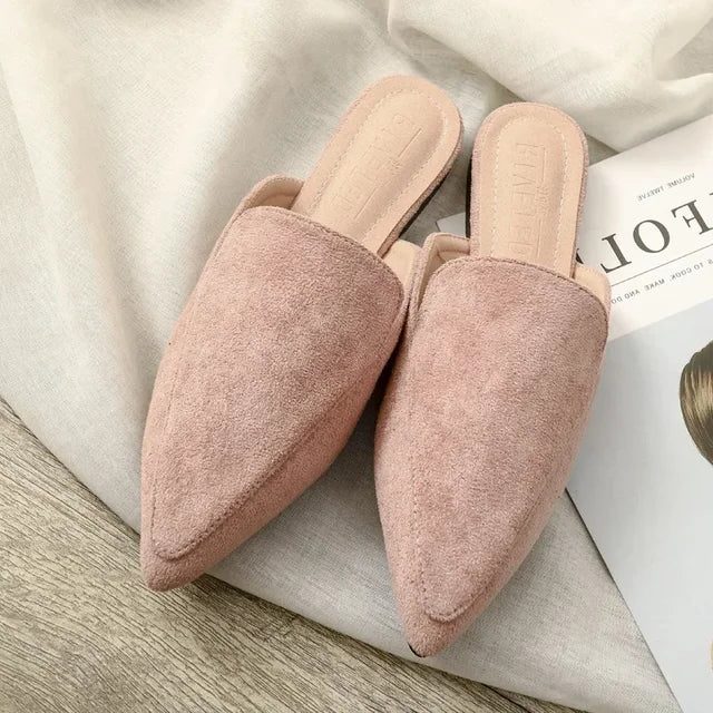 Women’s Suede Pointed-Toe Mules – Backless Slip-On Flats with Soft Lining for Smart Casual Wear
