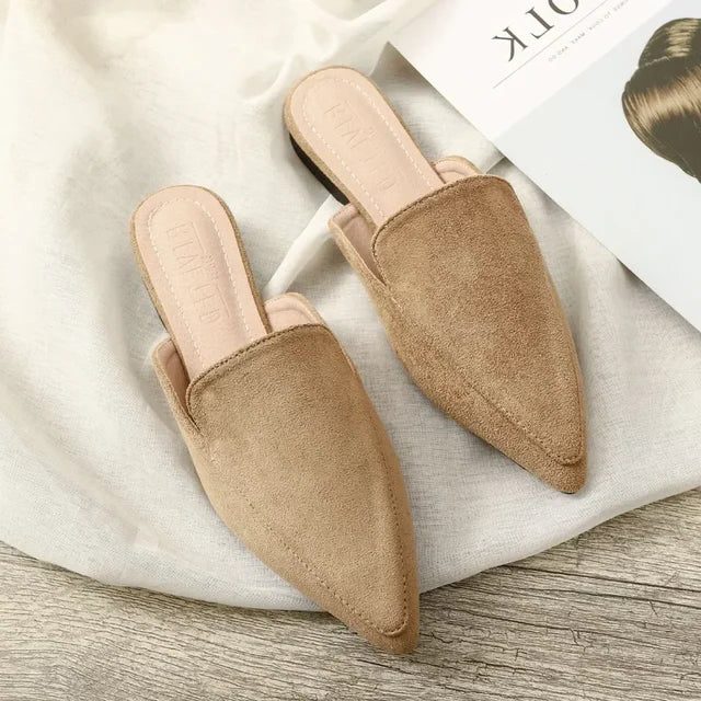 Women’s Suede Pointed-Toe Mules – Backless Slip-On Flats with Soft Lining for Smart Casual Wear