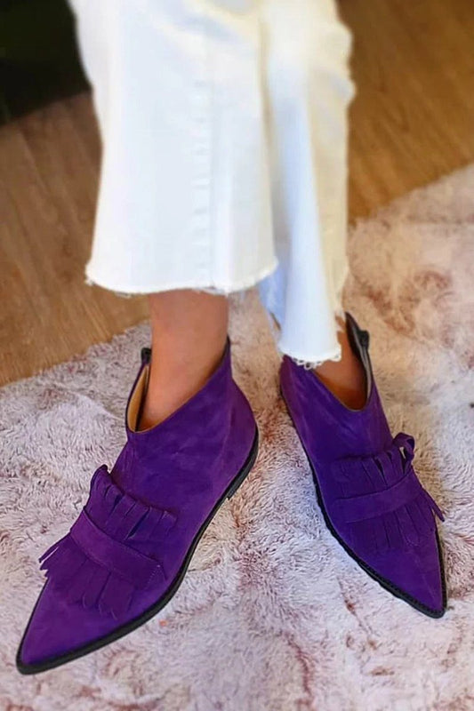 Women’s Suede Fringe Ankle Boots – Pointed-Toe Western Boots with Layered Tassel Detail for Statement Wear