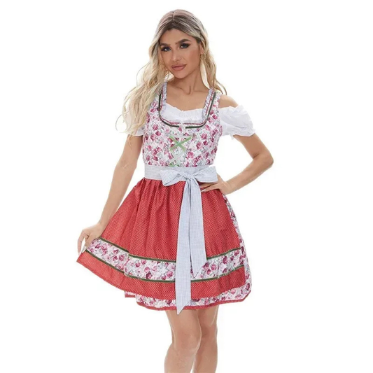 Women’s Floral Apron Dirndl – Off-Shoulder Oktoberfest Dress for Folk Festivals