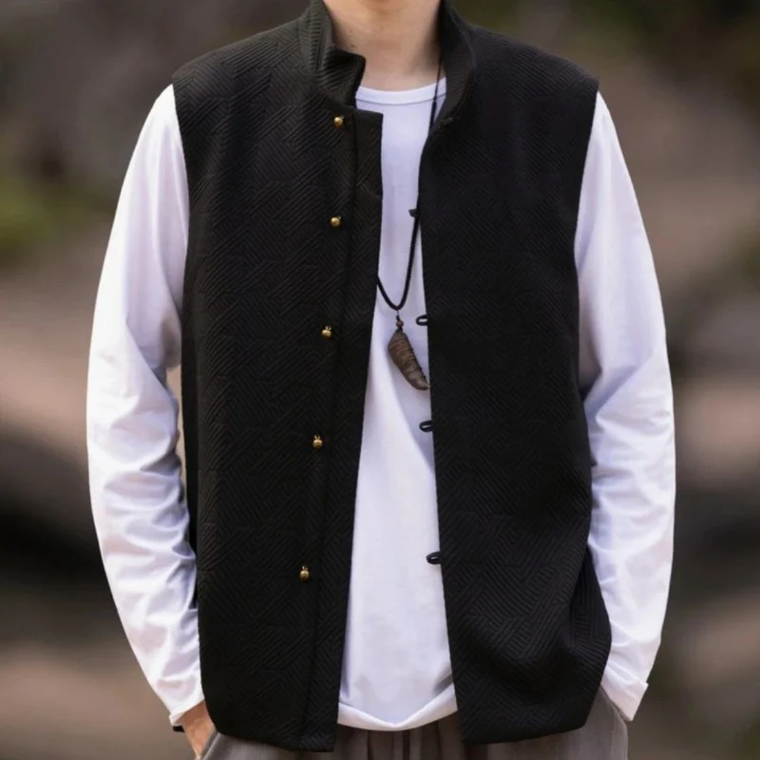 Men’s Textured Stand Collar Waistcoat – Refined Heritage Layer for Casual and Event Wear